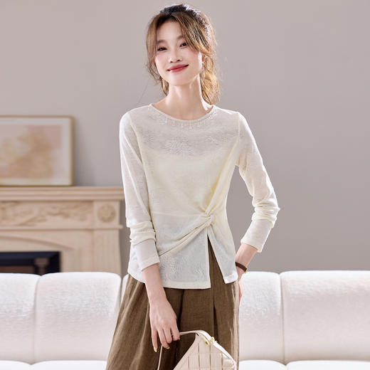 CC早秋长袖T恤女2025春秋新款不规则开叉时尚减龄内搭打底衫上衣薄 商品图0