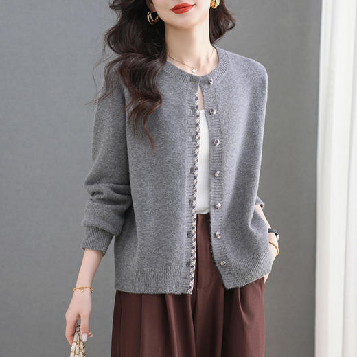 CC高级感安哥拉红针织衫开衫2025秋季新款圆领拼色洋气短款毛衣外套 商品图1