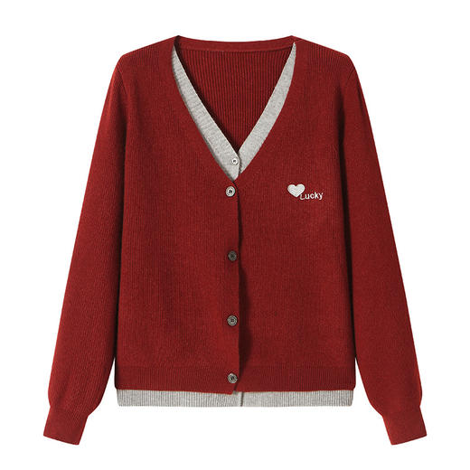 CC设计感拼色假两件毛衣开衫女2025春秋羊毛针织外套洋气外搭上衣 商品图4