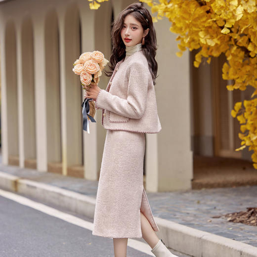 HR YJLY1378法式小香风甜美套装裙羊毛呢半身裙两件套 商品图3