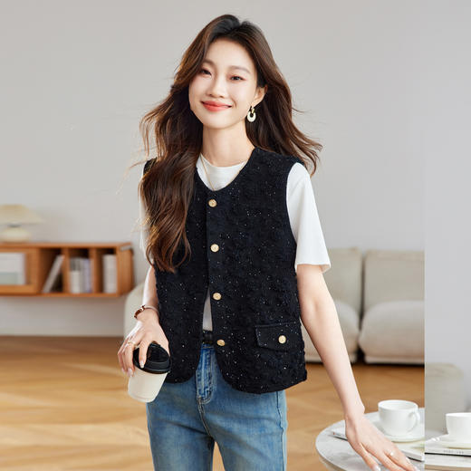 CC气质小香风马夹女2025秋季新款通勤圆领金属扣马甲开衫女针织衫潮 商品图0