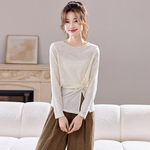 CC早秋长袖T恤女2025春秋新款不规则开叉时尚减龄内搭打底衫上衣薄 商品图1