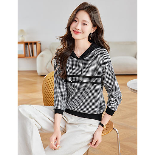 CC2025春秋新款连帽针织衫女千鸟格休闲卫衣韩版长袖宽松套头帽衫女 商品图2