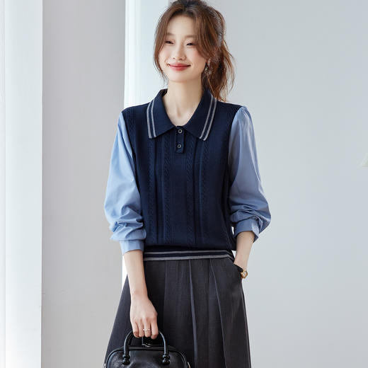 CCpolo领长袖衬衫拼接针织衫女春秋2025新款翻领小个子毛衣打底上衣 商品图1