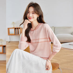 CC2025春秋新款连帽针织衫女千鸟格休闲卫衣韩版长袖宽松套头帽衫女