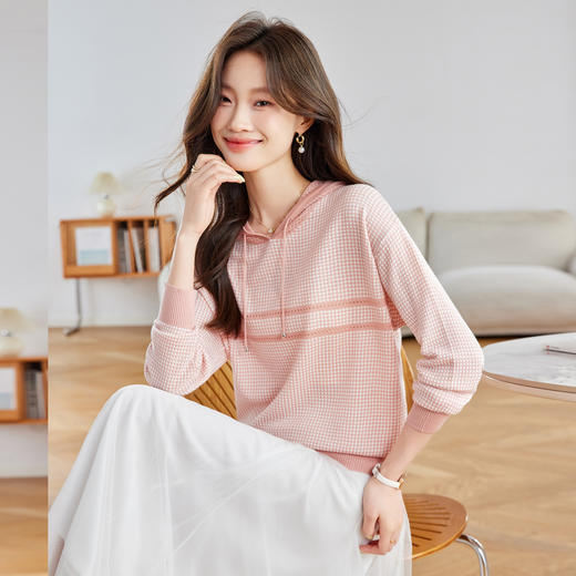 CC2025春秋新款连帽针织衫女千鸟格休闲卫衣韩版长袖宽松套头帽衫女 商品图0