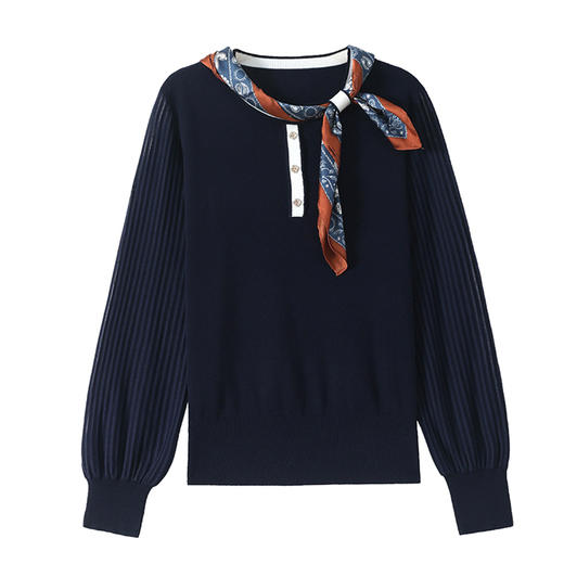 CC漂亮减龄打底衫短款洋气新款春秋薄款针织衫带丝巾的上衣气质时髦 商品图4