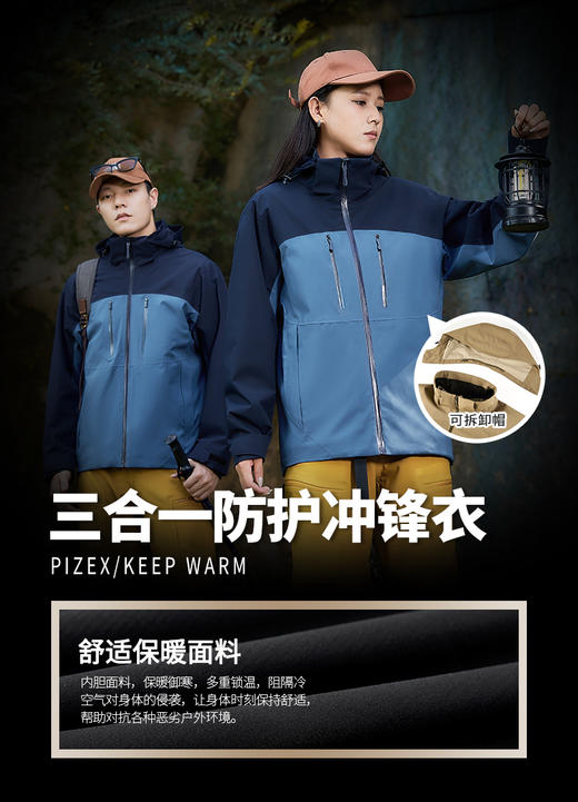 【热销爆款】}秋冬季三合一可拆卸情侣防护外套冲锋衣防风男女款运动外套 BS25011-T 商品图8