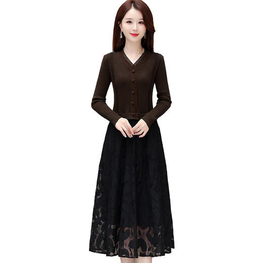 QYM A2303-1-Y假两件针织连衣裙毛线裙拼结蕾丝纱网裙 商品图4