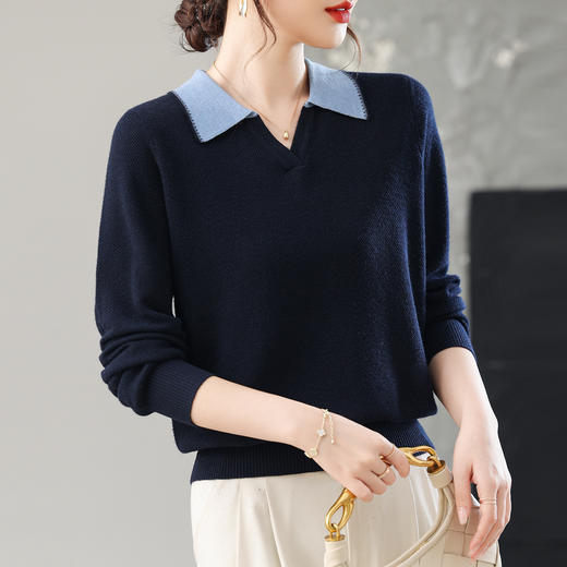 CC撞色polo领针织衫上衣洋气秋装2025新款女装早秋薄款打底毛衣 商品图3