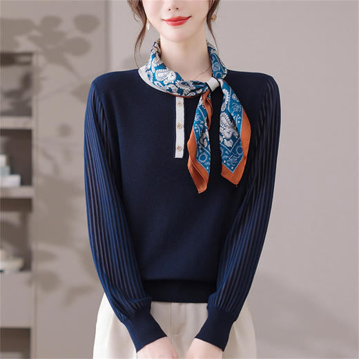 CC漂亮减龄打底衫短款洋气新款春秋薄款针织衫带丝巾的上衣气质时髦 商品图0