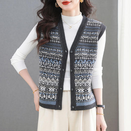 CCV领复古民族风提花无袖针织马甲女2025秋季新款外穿坎肩毛衣背心 商品图3