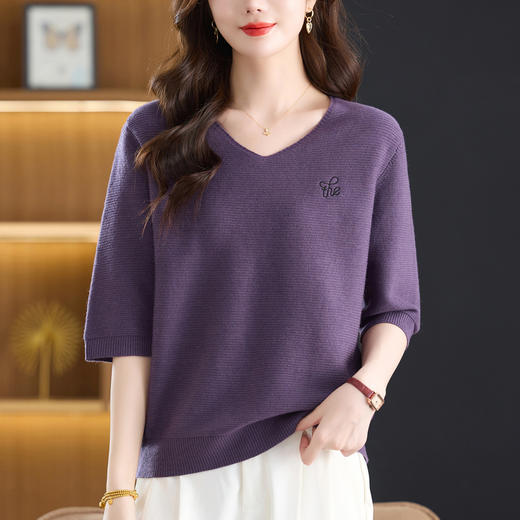 CC女士秋装半袖上衣2025新款休闲时尚打底衫宽松遮肚子大码V领毛衣 商品图0