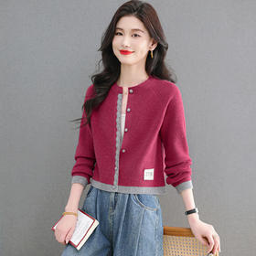 CC2025春秋新款圆领小个子短外套女士洋气蕾丝针织开衫拼色宽松上衣