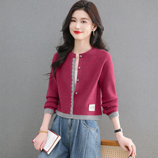 CC2025春秋新款圆领小个子短外套女士洋气蕾丝针织开衫拼色宽松上衣 商品图0