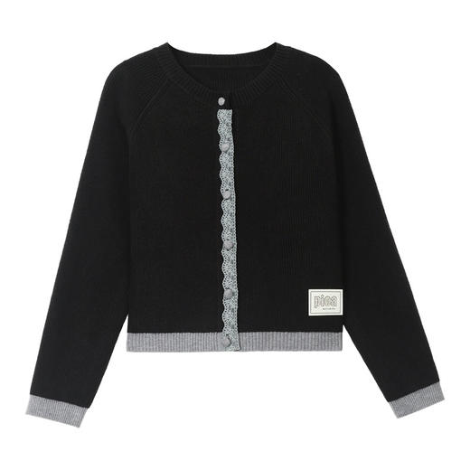 CC2025春秋新款圆领小个子短外套女士洋气蕾丝针织开衫拼色宽松上衣 商品图4