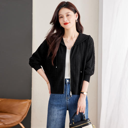 CC2025春秋新款连帽针织开衫女宽松休闲卫衣时尚洋气短毛衣外套上衣 商品图2