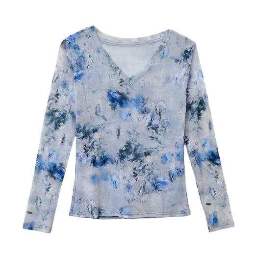 KQL A55F8590时尚洋气高弹网长袖印花V领T恤 商品图4