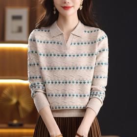 CC新款韩系针织polo领毛衣女波点镂空条纹打底衫温柔风百搭显瘦上衣
