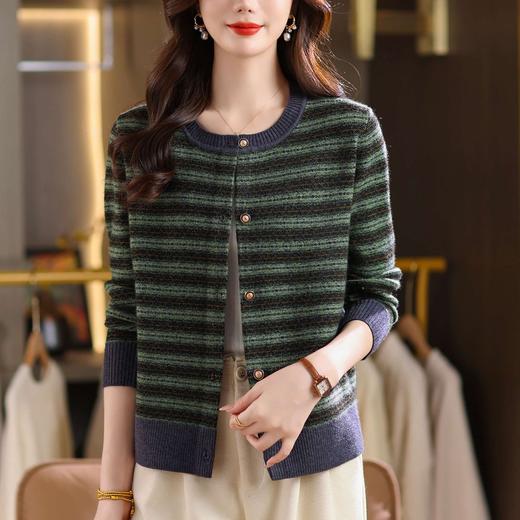 CC撞色条纹圆领针织开衫女2025年早秋宽松时尚通勤长袖短款气质毛衣 商品图0