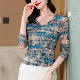 KQL 806c5a7时尚纱网印花长袖V领修身显瘦洋气上衣