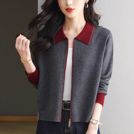 CC翻领拉链上衣女春秋高级感撞色针织开衫2025新款大码毛衣外套胖mm 商品图0