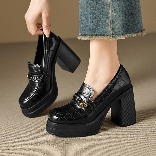 【预售5天】时尚厚底防水台单鞋女春秋季新款小个子增高气质粗跟高跟皮鞋MQE&G85-12 商品图0