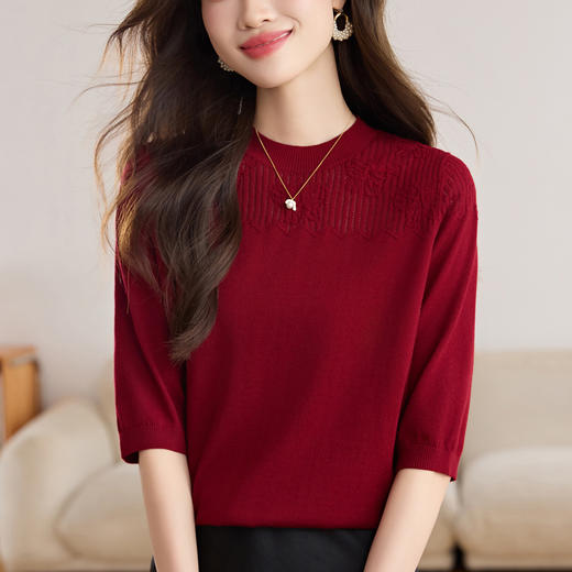 CC早秋羊毛女中袖上衣2025新款妈妈洋气七分袖薄t恤针织小衫上衣女 商品图3