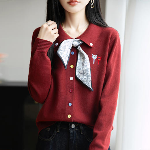 CC带丝巾的上衣高级感秋装针织开衫女2025新款漂亮洋气翻领毛衣外套 商品图3