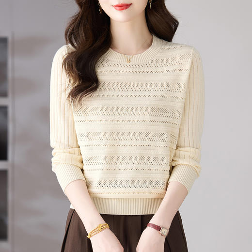 CC早秋薄款镂空长袖针织上衣女秋装2025新款圆领毛衣春秋打底衫 商品图1