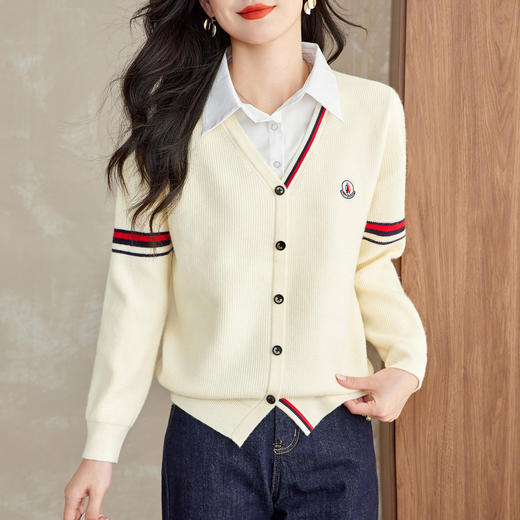 CC假两件拼色长袖衬衫女2025秋季新款休闲设计感气质针织衫短款上衣 商品图3