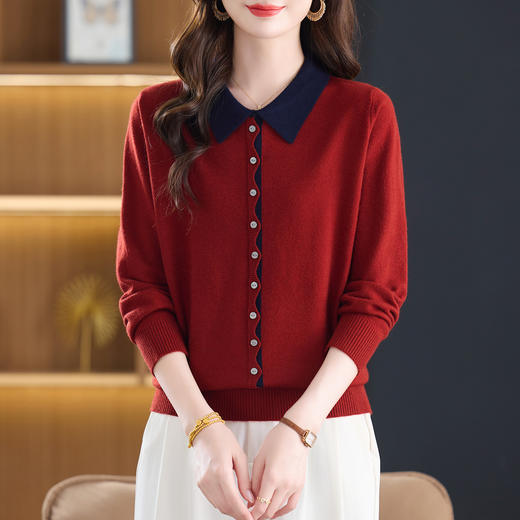 CC撞色翻领长袖针织衫女2025春秋新款宽松娃娃领百搭打底衫内搭上衣 商品图0