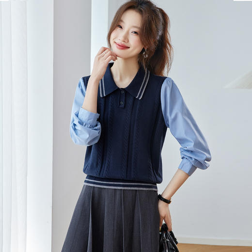 CCpolo领长袖衬衫拼接针织衫女春秋2025新款翻领小个子毛衣打底上衣 商品图0