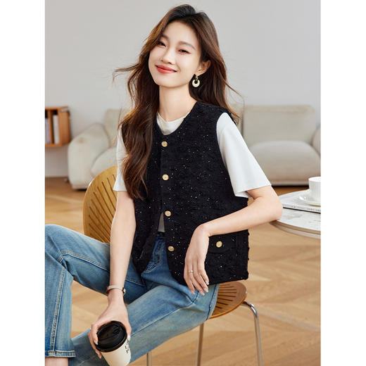 CC气质小香风马夹女2025秋季新款通勤圆领金属扣马甲开衫女针织衫潮 商品图2
