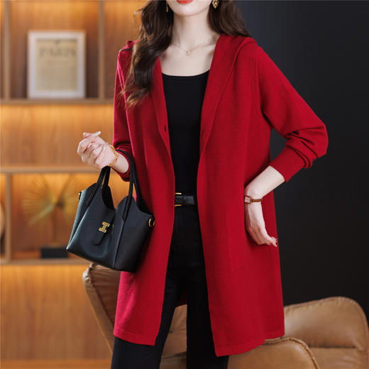 CC连帽中长款针织开衫女春秋2025新款宽松薄款披肩外搭过膝毛衣外套 商品图1