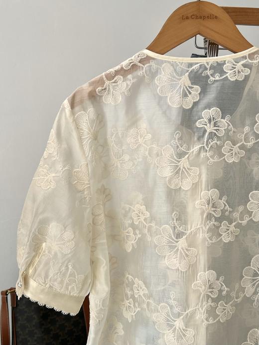 会员福利【天丝+重工刺绣】拉夏贝尔/La Chapelle圆领系带刺绣花朵短袖衬衫2025夏季新款上衣 商品图10