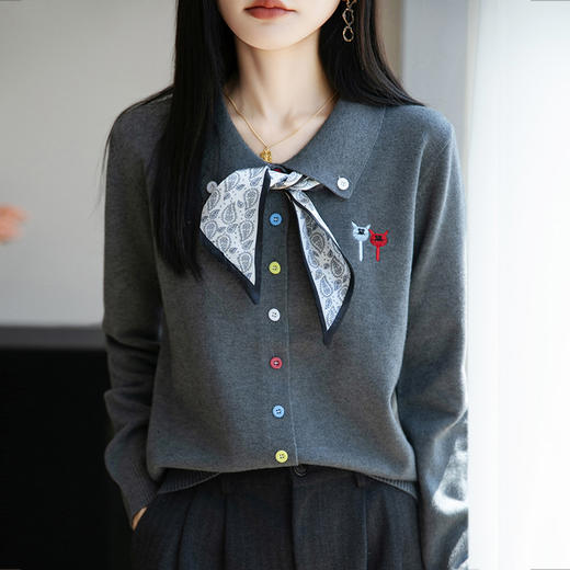 CC带丝巾的上衣高级感秋装针织开衫女2025新款漂亮洋气翻领毛衣外套 商品图1