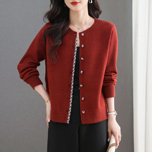 CC高级感安哥拉红针织衫开衫2025秋季新款圆领拼色洋气短款毛衣外套 商品图0