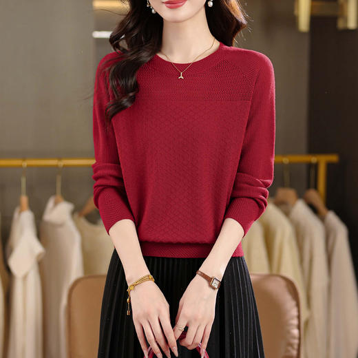 CC春秋季长袖t恤女士2025新款羊毛圆领洋气镂空针织打底衫宽松上衣 商品图3