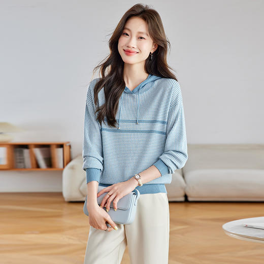 CC2025春秋新款连帽针织衫女千鸟格休闲卫衣韩版长袖宽松套头帽衫女 商品图3
