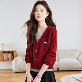 CC设计感拼色假两件毛衣开衫女2025春秋羊毛针织外套洋气外搭上衣