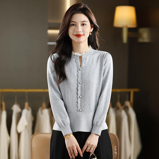 CC 101-9502拼接花边蕾丝领针织打底衫洋气收腰上衣 商品图2