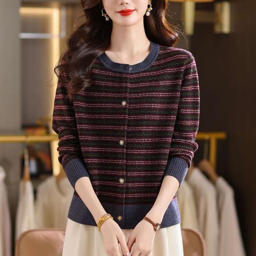 CC撞色条纹圆领针织开衫女2025年早秋宽松时尚通勤长袖短款气质毛衣 商品图2