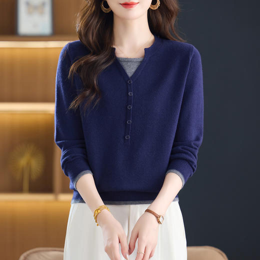 CC假两件上衣女时尚洋气秋装2025新款针织衫圆领薄款打底衫上衣 商品图1