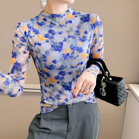 KQL A55F8577时尚洋气高弹网长袖印花上衣