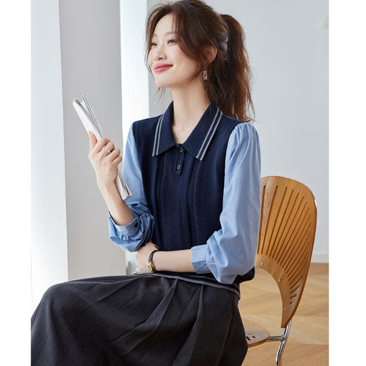 CCpolo领长袖衬衫拼接针织衫女春秋2025新款翻领小个子毛衣打底上衣 商品图3