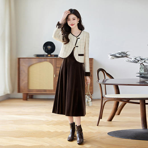 HR LSNY2451法式小香风套装气质格子外套连衣裙两件套 商品图3