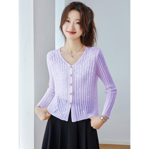 CC2025早秋新款高级感轻奢名媛风亮片V领针织开衫女薄款外套上衣 商品图2
