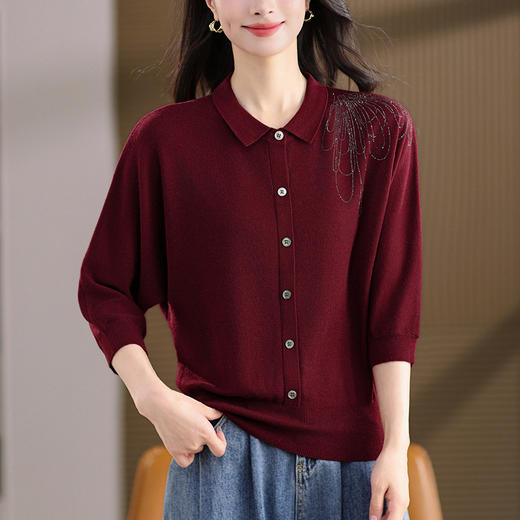 CC轻奢高级感小翻领上衣女春秋中袖打底衫2025新款大码毛衣宽松遮肚 商品图0