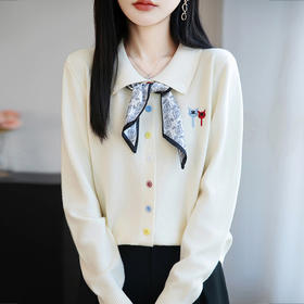 CC带丝巾的上衣高级感秋装针织开衫女2025新款漂亮洋气翻领毛衣外套